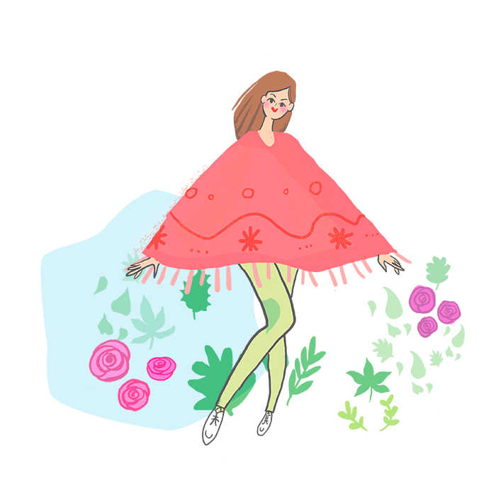 fashion illustration - young woman in red jacket and green tights. Grass and pinkt roses.